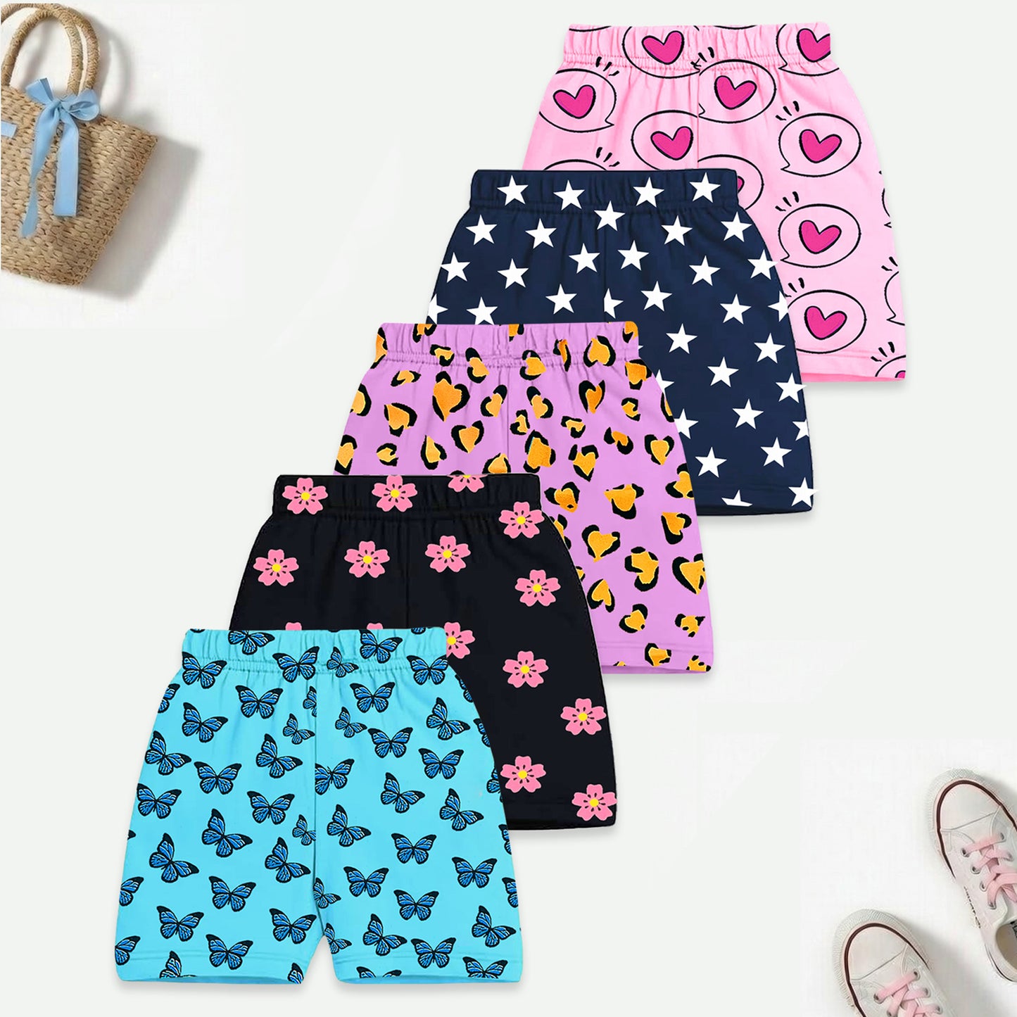 Kuchipoo Girls Cotton Printed Shorts | Elastic Waist | Summer Wear Shorts for Kids | Pack of 5