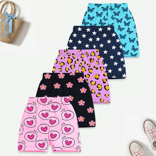 Kuchipoo Girls Cotton Printed Shorts | Elastic Waist | Summer Wear Shorts for Kids | Pack of 5