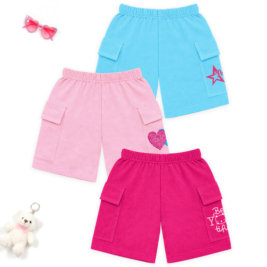 Kuchipoo Girls Cotton Cargo Shorts | Elastic Waistband | Double Pocket Shorts | Summer Casual Wear for Kids | Pack of 3