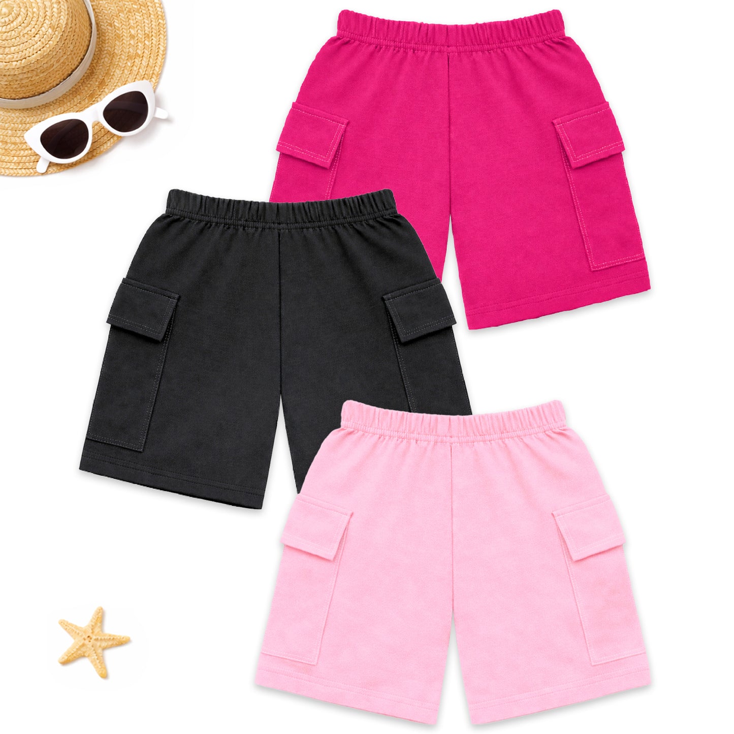 Kuchipoo Girls Cotton Cargo Shorts | Elastic Waistband | Double Pocket Shorts | Summer Casual Wear for Kids | Pack of 3