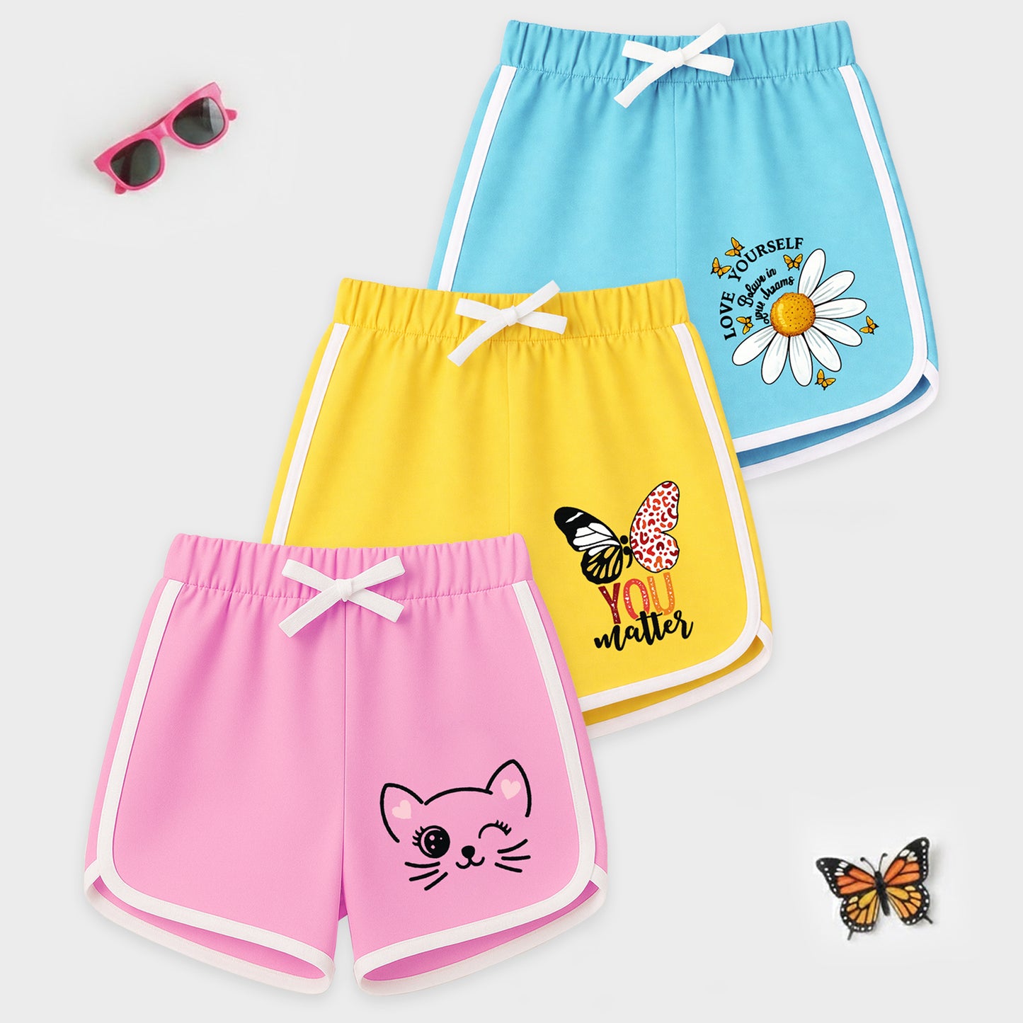 Kuchipoo Girls Cotton Printed Shorts | Soft & Breathable Fabric | Elastic Waist with Drawstring | Casual Summer Wear | Pack of 3