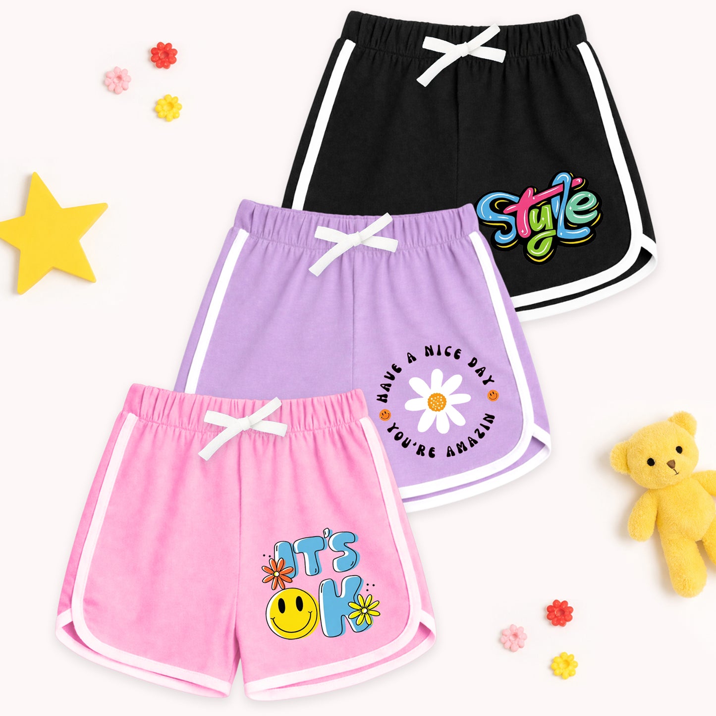Kuchipoo Girls Cotton Printed Shorts | Soft & Breathable Fabric | Elastic Waist with Drawstring | Casual Summer Wear | Pack of 3