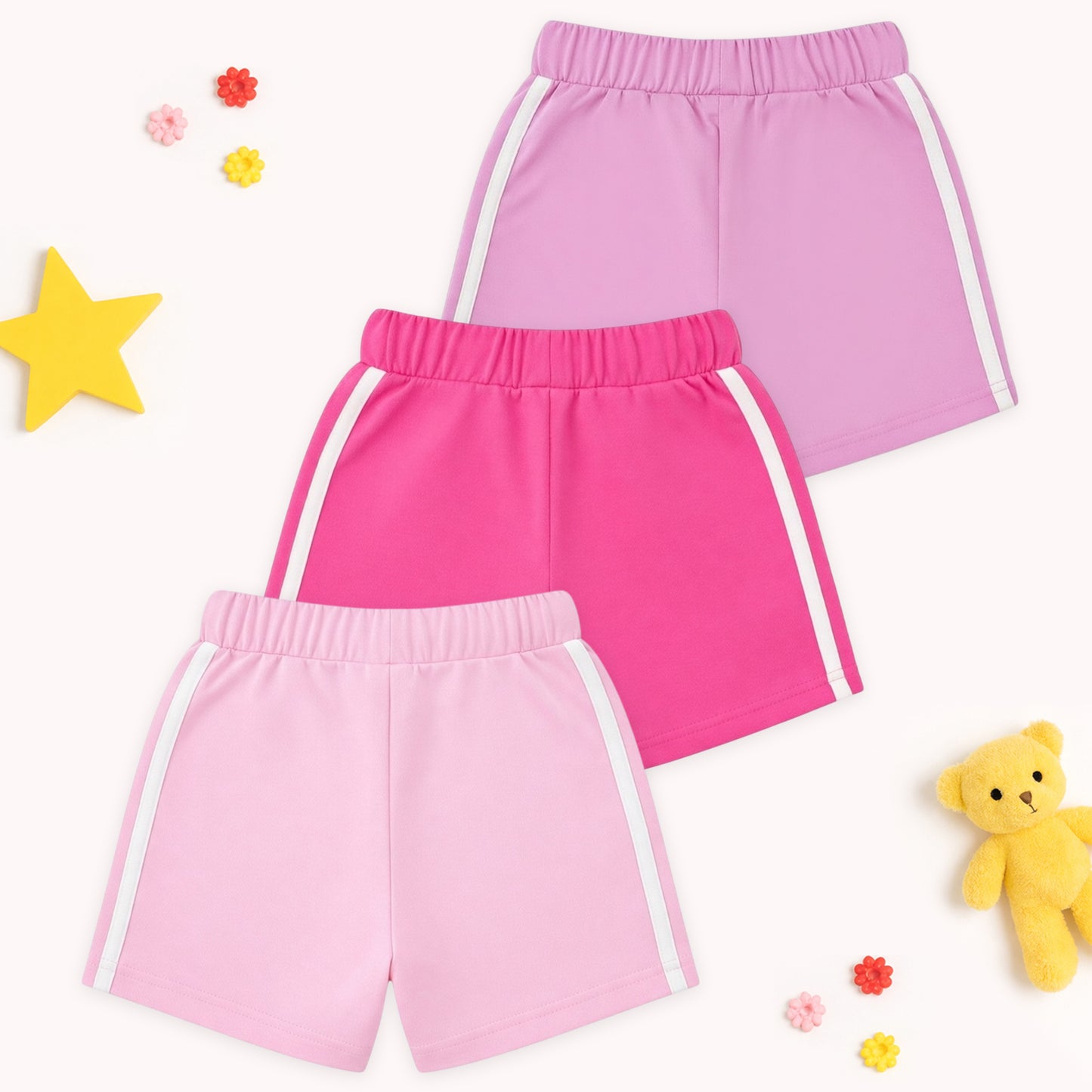 Kuchipoo Girls Cotton Sports Shorts with Pockets | Soft Elastic Waist Girls Summer Shorts with Drawstring & Side Stripe | Pack of 3