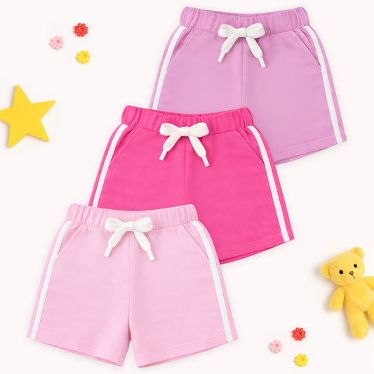 Kuchipoo Girls Cotton Sports Shorts with Pockets | Soft Elastic Waist Girls Summer Shorts with Drawstring & Side Stripe | Pack of 3