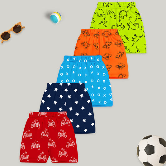 Kuchipoo Boys Cotton Printed Shorts | Elastic Waist | Summer Wear Shorts for Kids | Pack of 5
