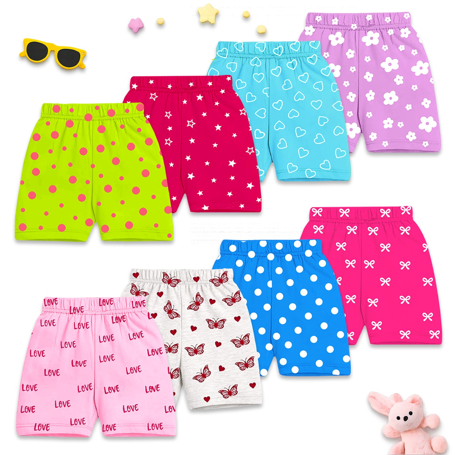 Kuchipoo Girls Cotton All Over Printed Shorts | Soft Elastic Waist Casual, Playwear & Nightwear Shorts | Bright Multicolor Graphic Prints - Pack of 8