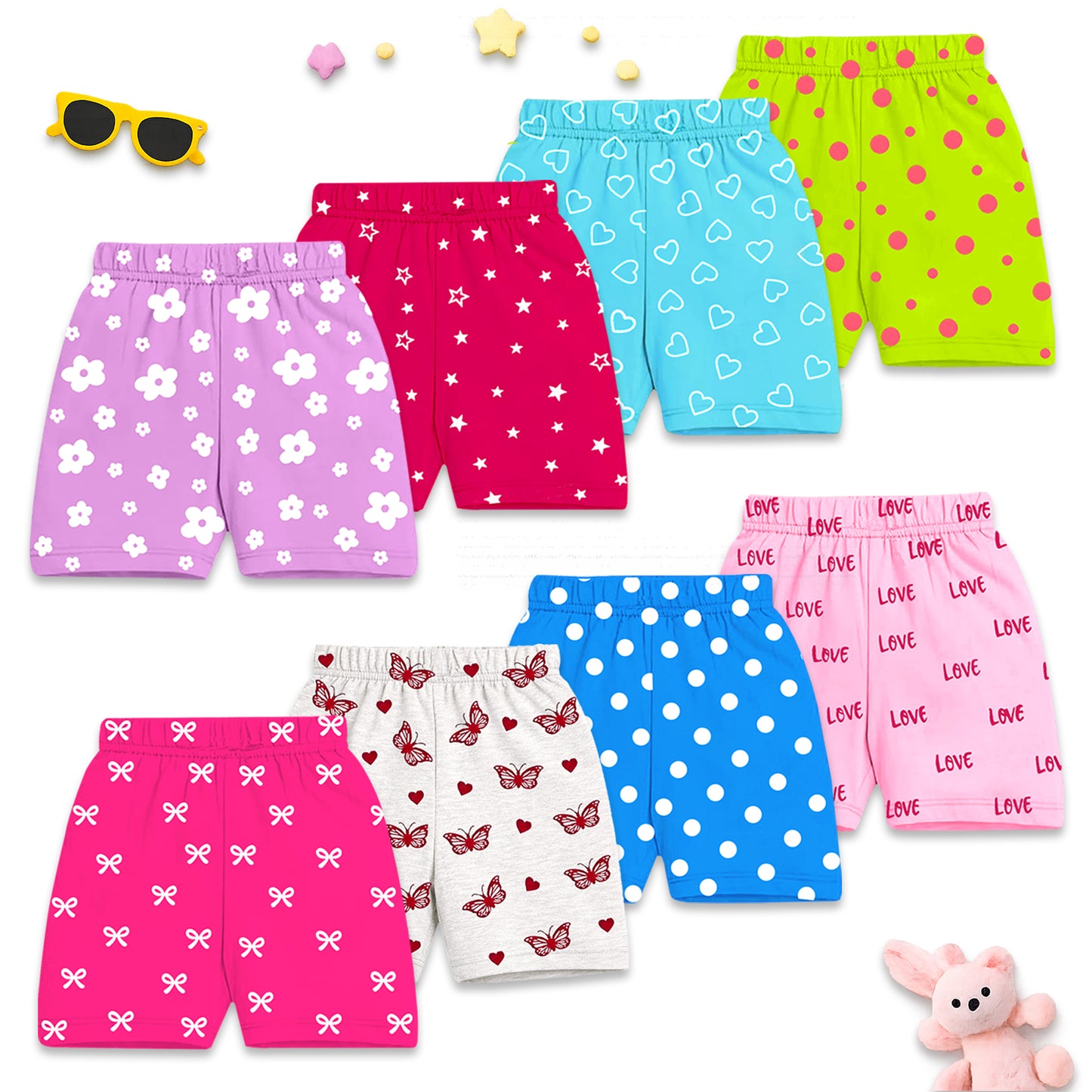 Kuchipoo Girls Cotton All Over Printed Shorts | Soft Elastic Waist Casual, Playwear & Nightwear Shorts | Bright Multicolor Graphic Prints - Pack of 8