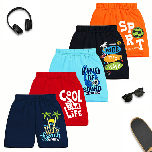 Kuchipoo Boys Cotton Printed Shorts | Elastic Waist | Summer Wear Shorts for Kids - Pack of 5