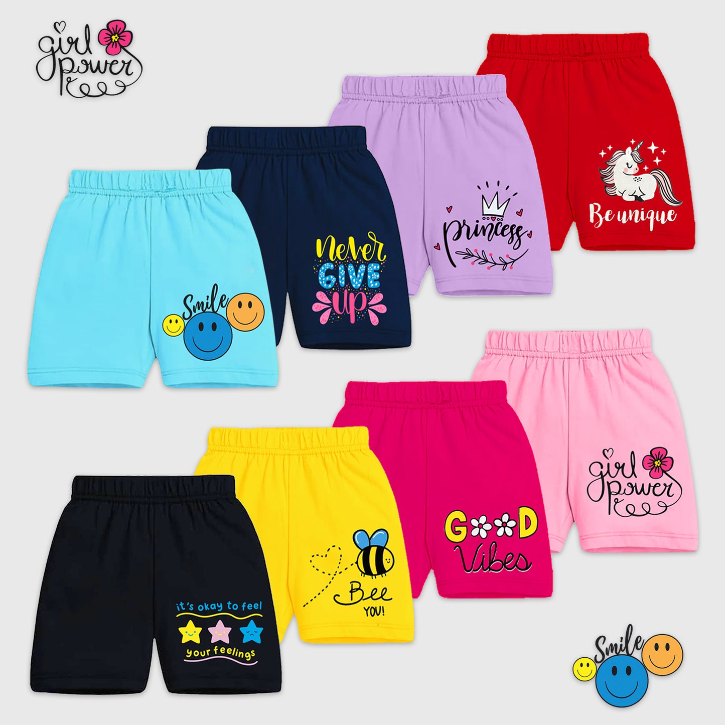 Kuchipoo Girls Cotton Printed Shorts | Soft Elastic Waist Casual, Playwear & Nightwear Shorts | Bright Multicolor Graphic Prints - Pack of 8