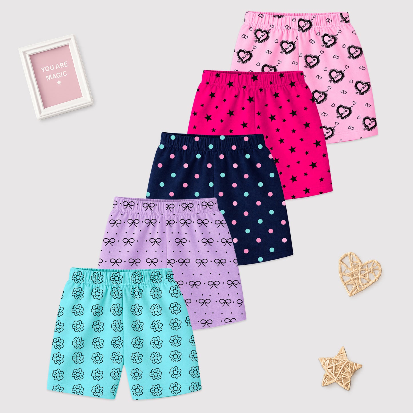 Kuchipoo Girls Cotton Printed Shorts | Elastic Waist | Summer Wear Shorts for Girls | Pack of 5