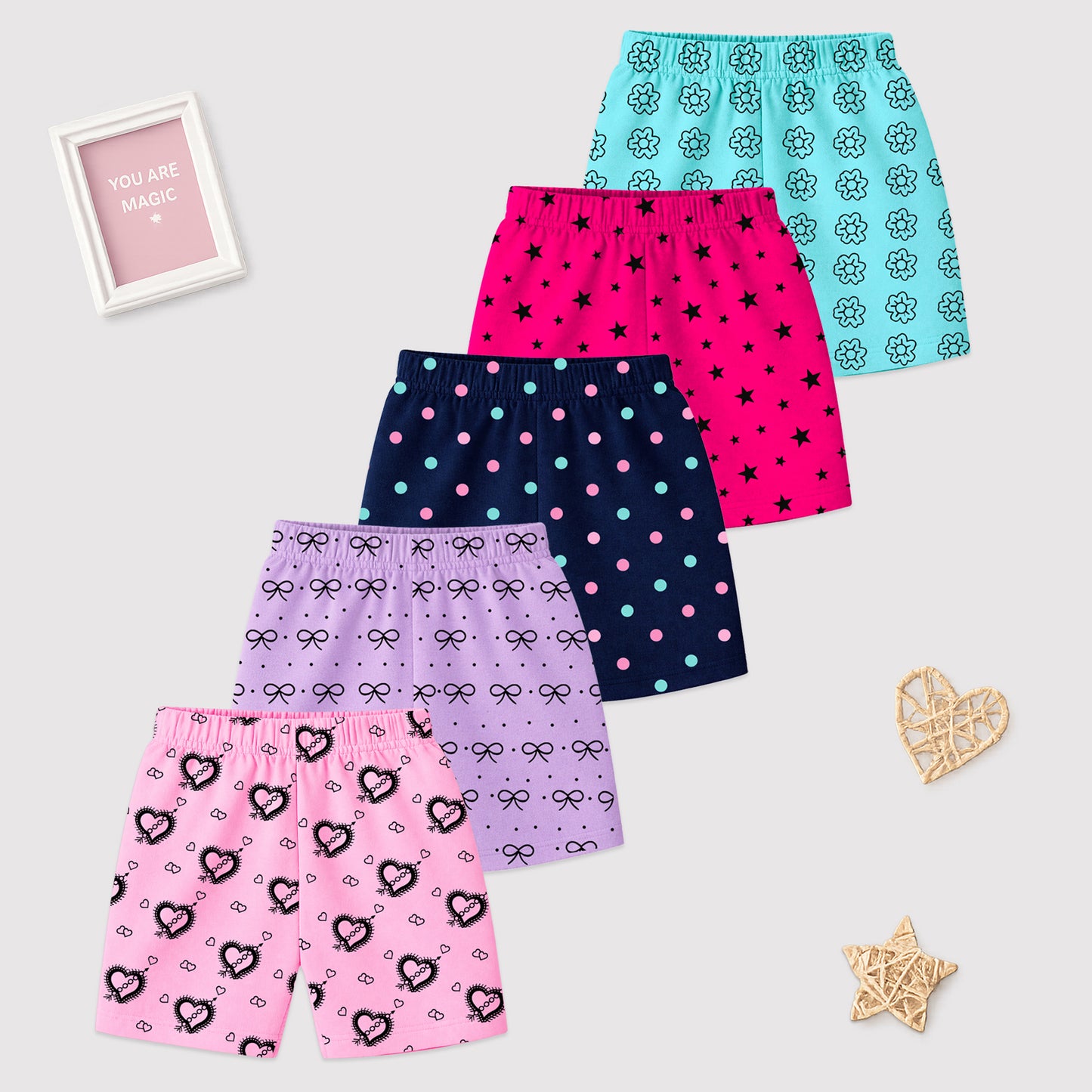 Kuchipoo Girls Cotton Printed Shorts | Elastic Waist | Summer Wear Shorts for Girls | Pack of 5