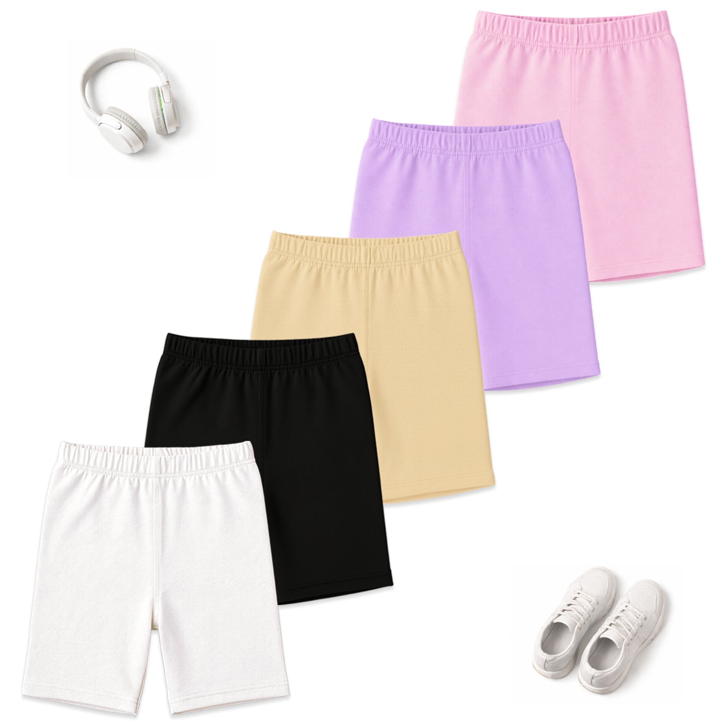 Kuchipoo Girls 100% Cotton Cycling Shorts | Soft & Stretchable Inner Safety Shorts for Under Skirts & Dresses | Breathable Activewear (Pack of 5)