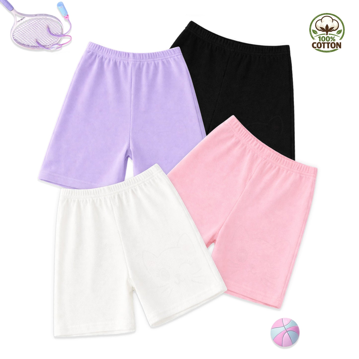 Kuchipoo Girls 100% Cotton Cycling Shorts | Soft & Stretchable Inner Safety Shorts for Under Skirts & Dresses | Breathable Activewear | Pack of 4