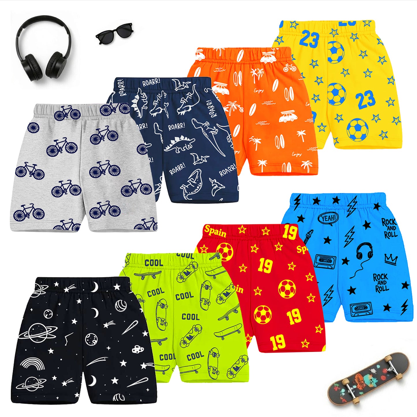 Kuchipoo Boys Cotton Printed Shorts Combo | Elastic Waist Soft Shorts for Casual Wear, Playtime & Sleeping | Multicolor Prints | Pack of 8