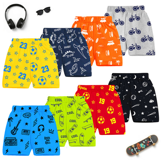 Kuchipoo Boys Cotton Printed Shorts Combo | Elastic Waist Soft Shorts for Casual Wear, Playtime & Sleeping | Multicolor Prints | Pack of 8