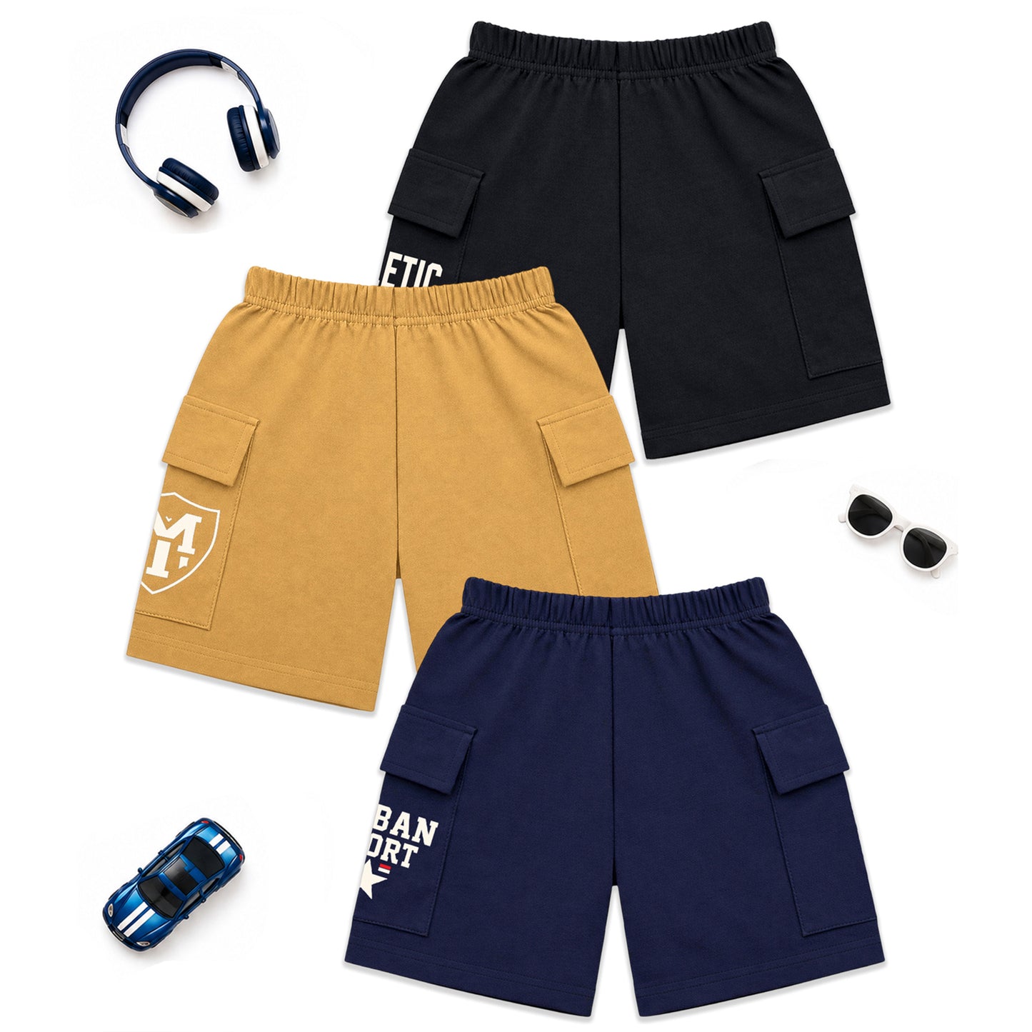 Kuchipoo Boys Cotton Cargo Shorts | Elastic Waistband | Double Pocket Shorts | Summer Casual Wear for Kids | Pack of 3