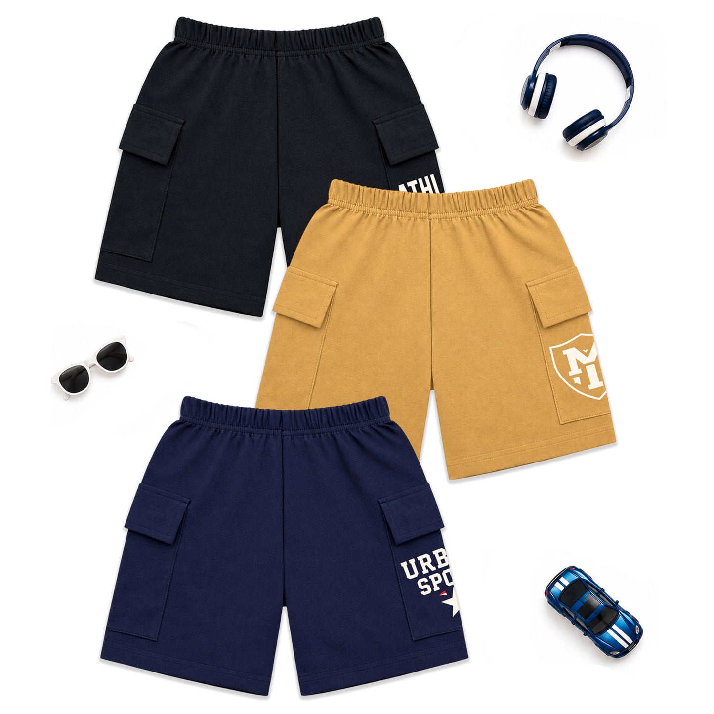 Kuchipoo Boys Cotton Cargo Shorts | Elastic Waistband | Double Pocket Shorts | Summer Casual Wear for Kids | Pack of 3