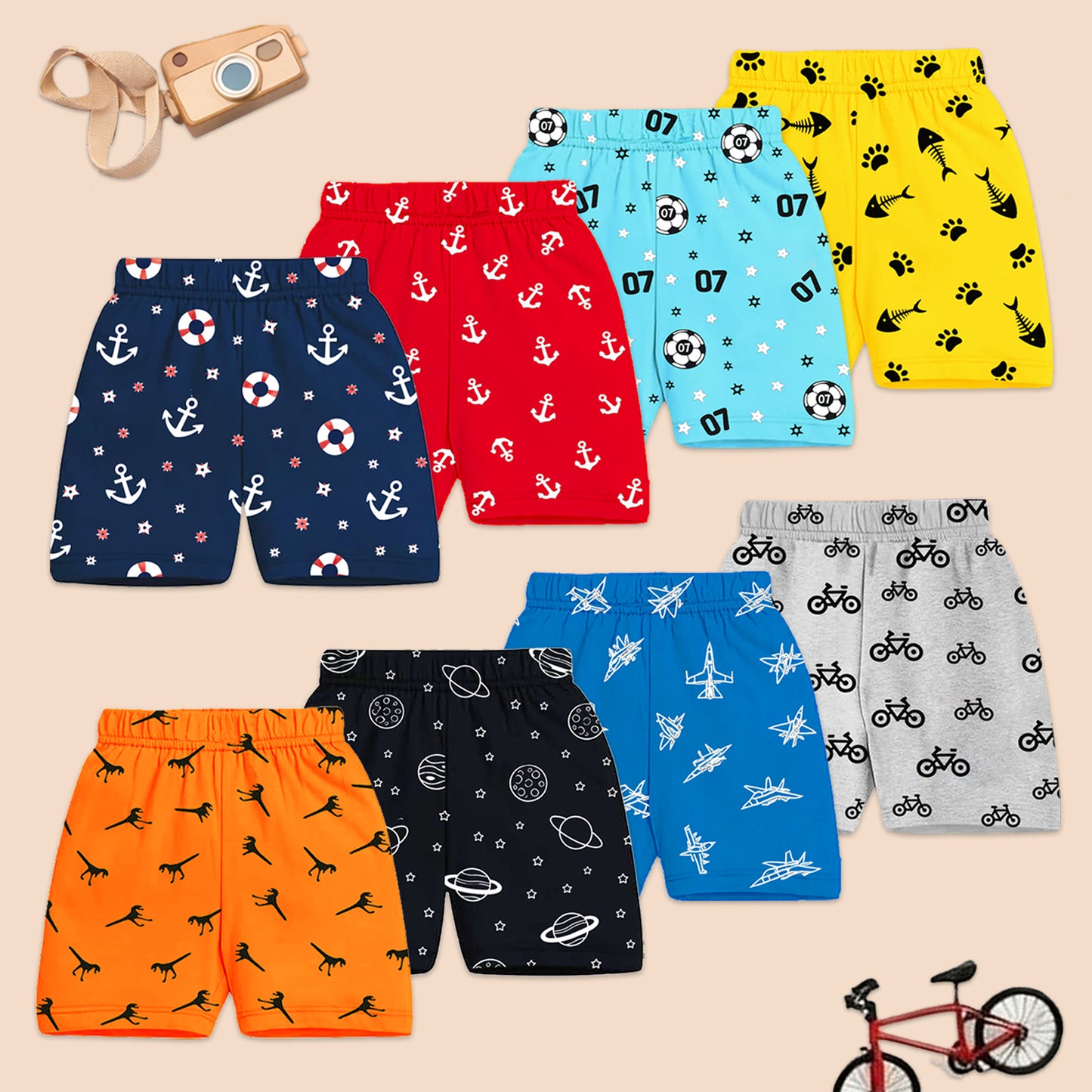 Kuchipoo Boys Cotton Printed Shorts Combo | Elastic Waist Soft Shorts for Casual Wear, Playtime & Sleeping | Multicolor Prints - Pack of 8