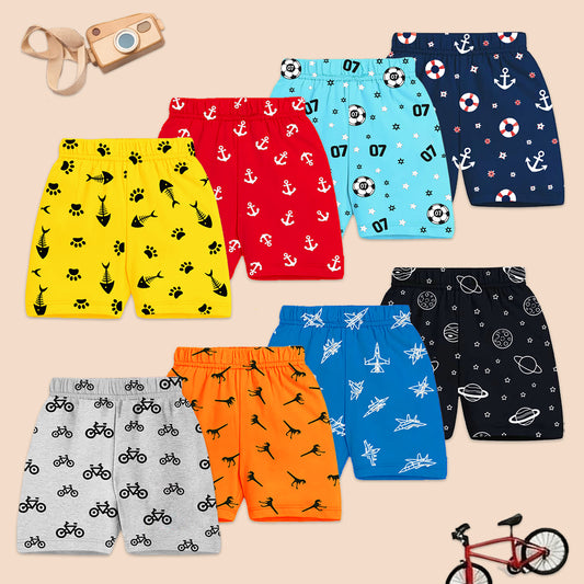 Kuchipoo Boys Cotton Printed Shorts Combo | Elastic Waist Soft Shorts for Casual Wear, Playtime & Sleeping | Multicolor Prints - Pack of 8