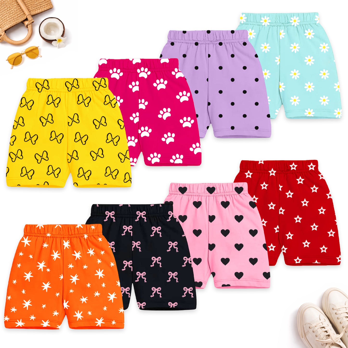 Kuchipoo Girls Cotton All Over Printed Shorts | Soft Elastic Waist Casual, Playwear & Nightwear Shorts | Bright Multicolor Graphic Prints - Pack of 8