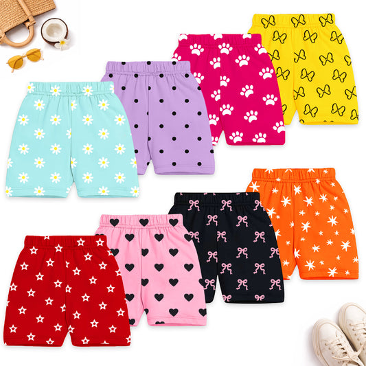 Kuchipoo Girls Cotton All Over Printed Shorts | Soft Elastic Waist Casual, Playwear & Nightwear Shorts | Bright Multicolor Graphic Prints - Pack of 8