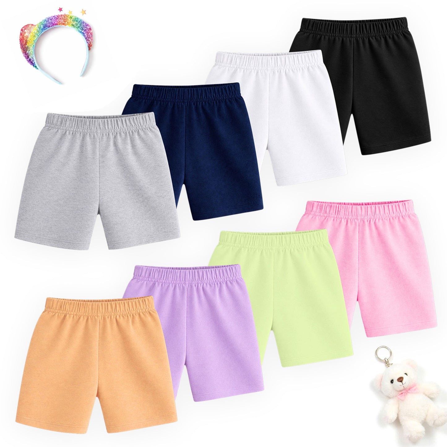 Kuchipoo Girls Cotton Solid Shorts Combo | Elastic Waist Soft Shorts for Casual Wear, Playtime & Sleeping | Multicolor Prints - Pack of 8