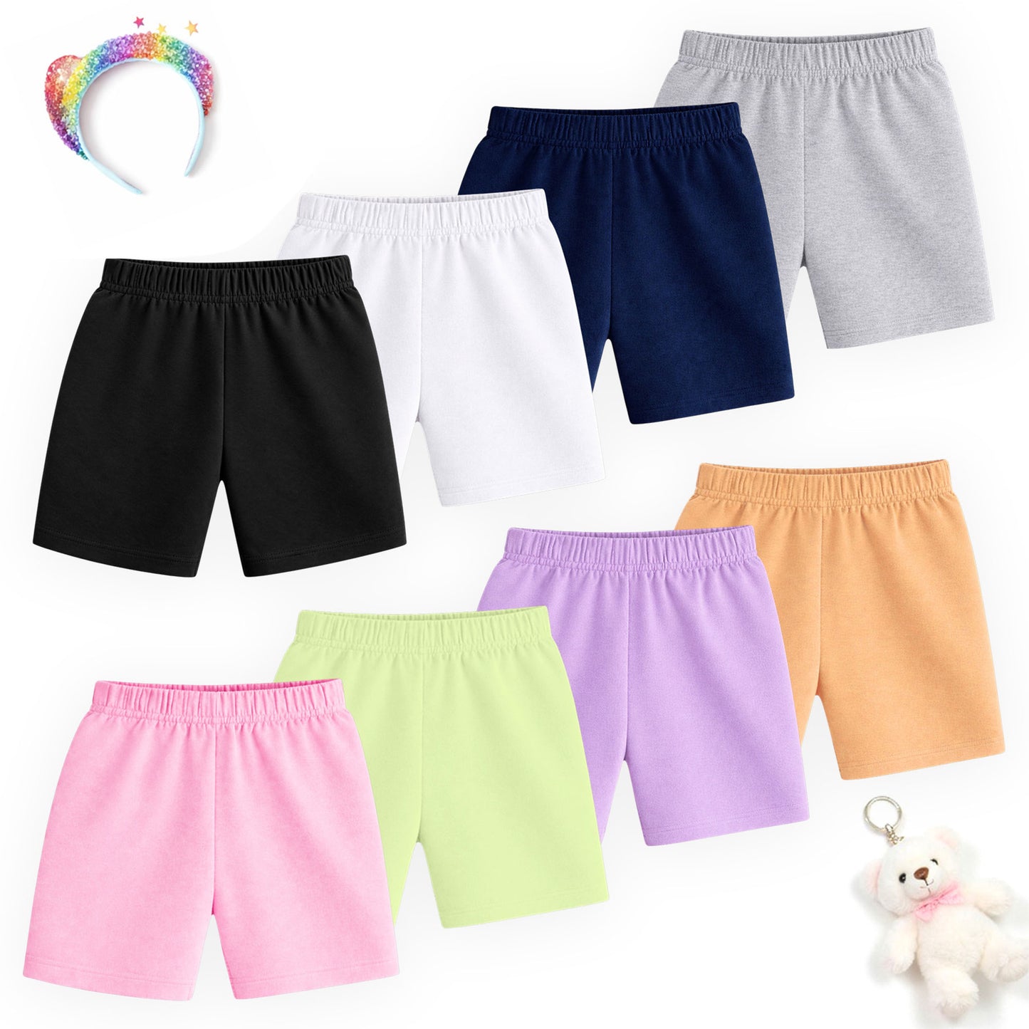 Kuchipoo Girls Cotton Solid Shorts Combo | Elastic Waist Soft Shorts for Casual Wear, Playtime & Sleeping | Multicolor Prints - Pack of 8