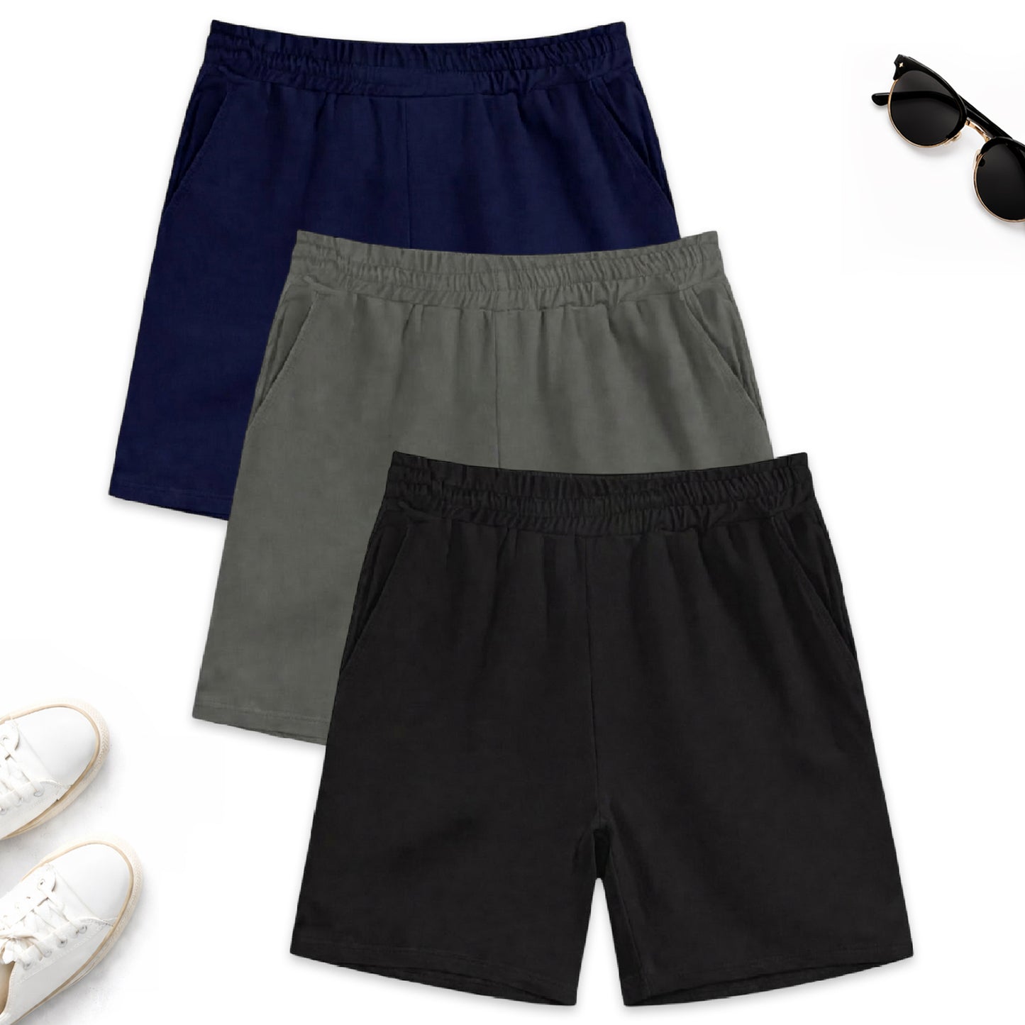 Kuchipoo Boys Cotton Shorts | Elastic Waistband | Double Pocket Shorts | Summer Casual Wear for Kids | Pack of 3