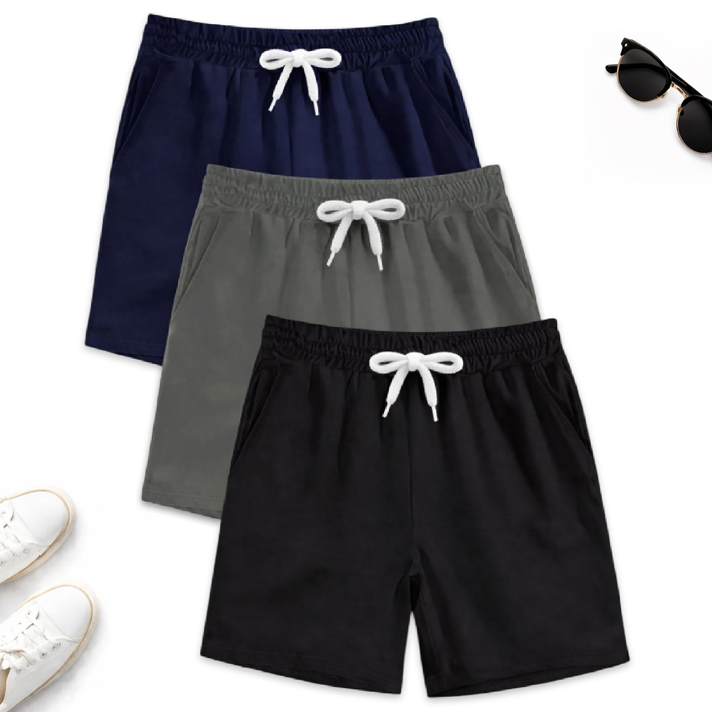 Kuchipoo Boys Cotton Shorts | Elastic Waistband | Double Pocket Shorts | Summer Casual Wear for Kids | Pack of 3