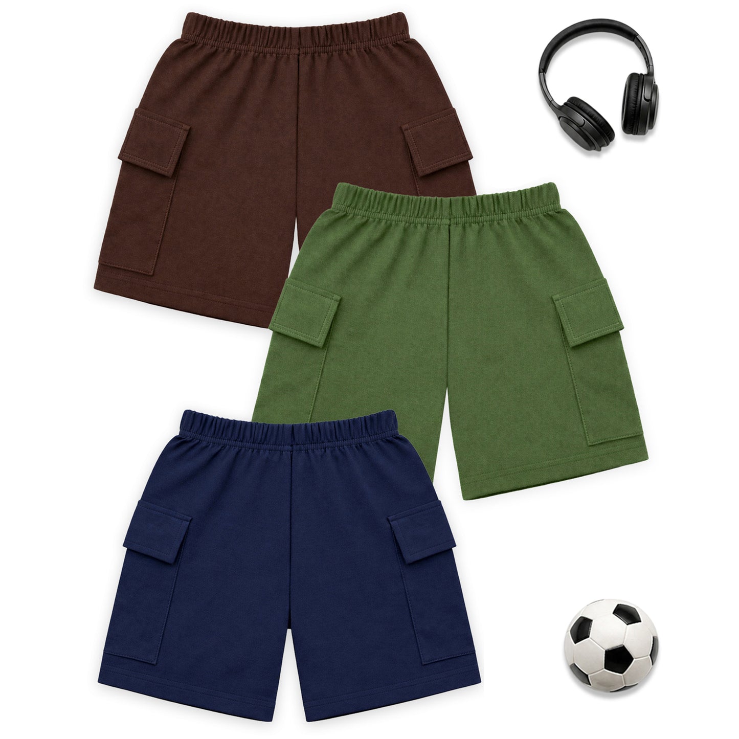 Kuchipoo Boys Cotton Cargo Shorts | Elastic Waistband | Double Pocket Shorts | Summer Casual Wear for Kids | Pack of 3 (Copy)