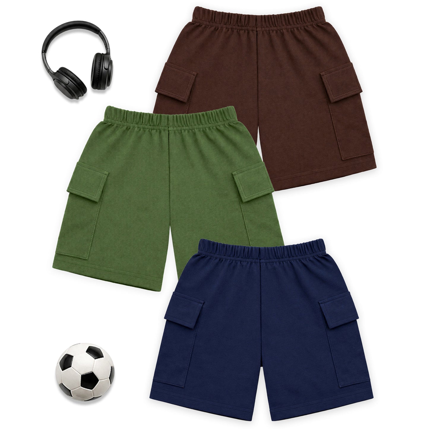 Kuchipoo Boys Cotton Cargo Shorts | Elastic Waistband | Double Pocket Shorts | Summer Casual Wear for Kids | Pack of 3 (Copy)