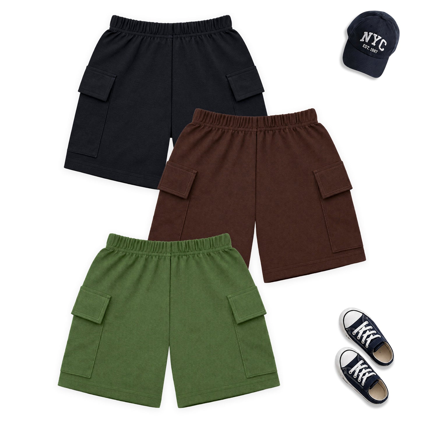 Kuchipoo Boys Cotton Cargo Shorts | Elastic Waistband | Double Pocket Shorts | Summer Casual Wear for Kids | Pack of 3