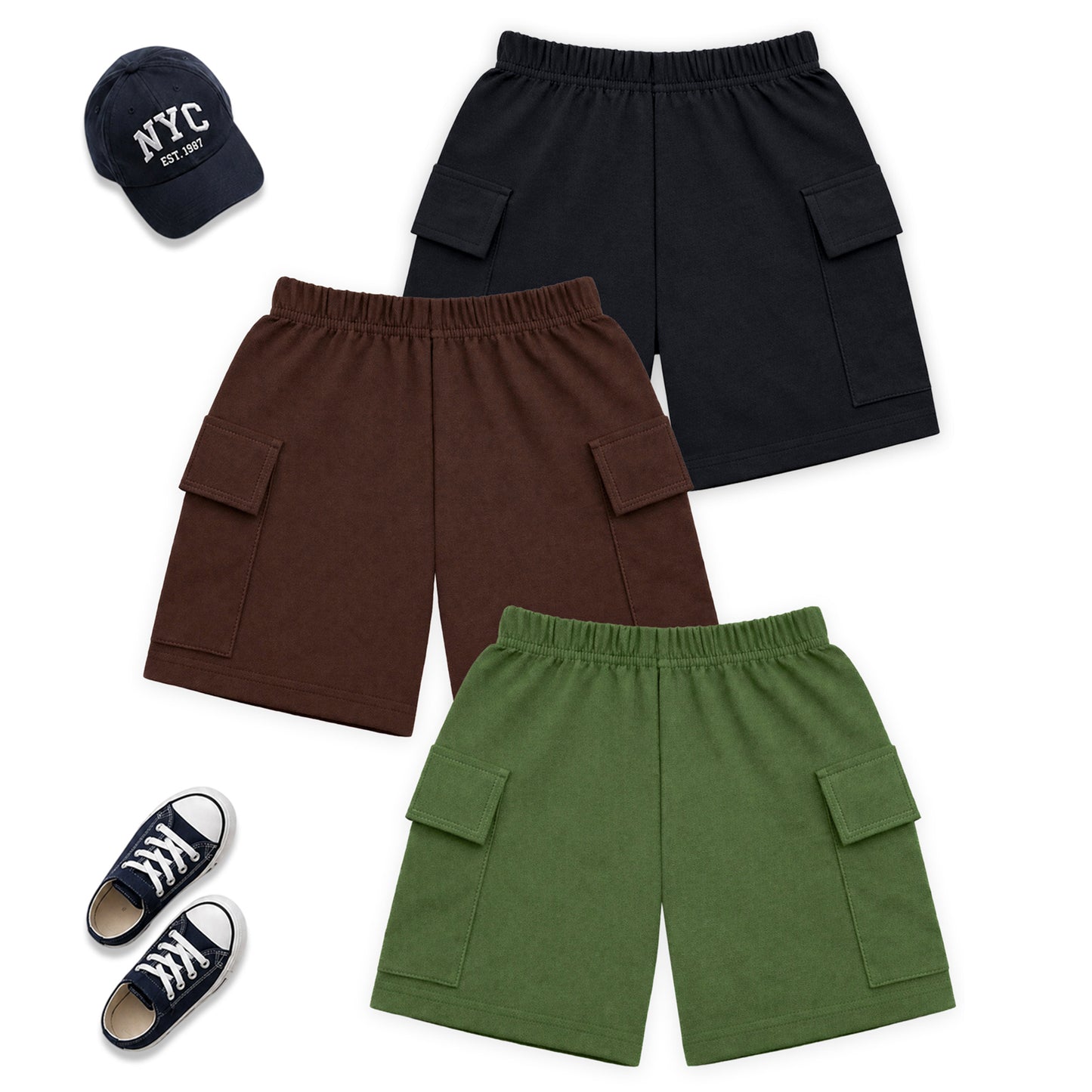 Kuchipoo Boys Cotton Cargo Shorts | Elastic Waistband | Double Pocket Shorts | Summer Casual Wear for Kids | Pack of 3