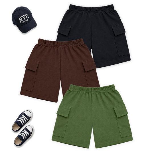 Kuchipoo Boys Cotton Cargo Shorts | Elastic Waistband | Double Pocket Shorts | Summer Casual Wear for Kids | Pack of 3