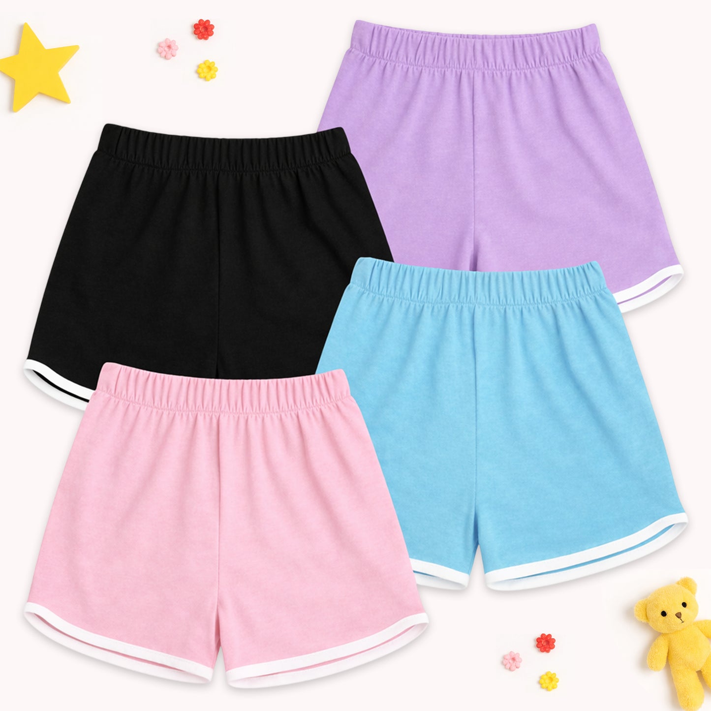 Kuchipoo Girls Cotton Solid Shorts | Soft & Breathable Fabric | Elastic Waist | Casual Summer Wear | Pack of 4