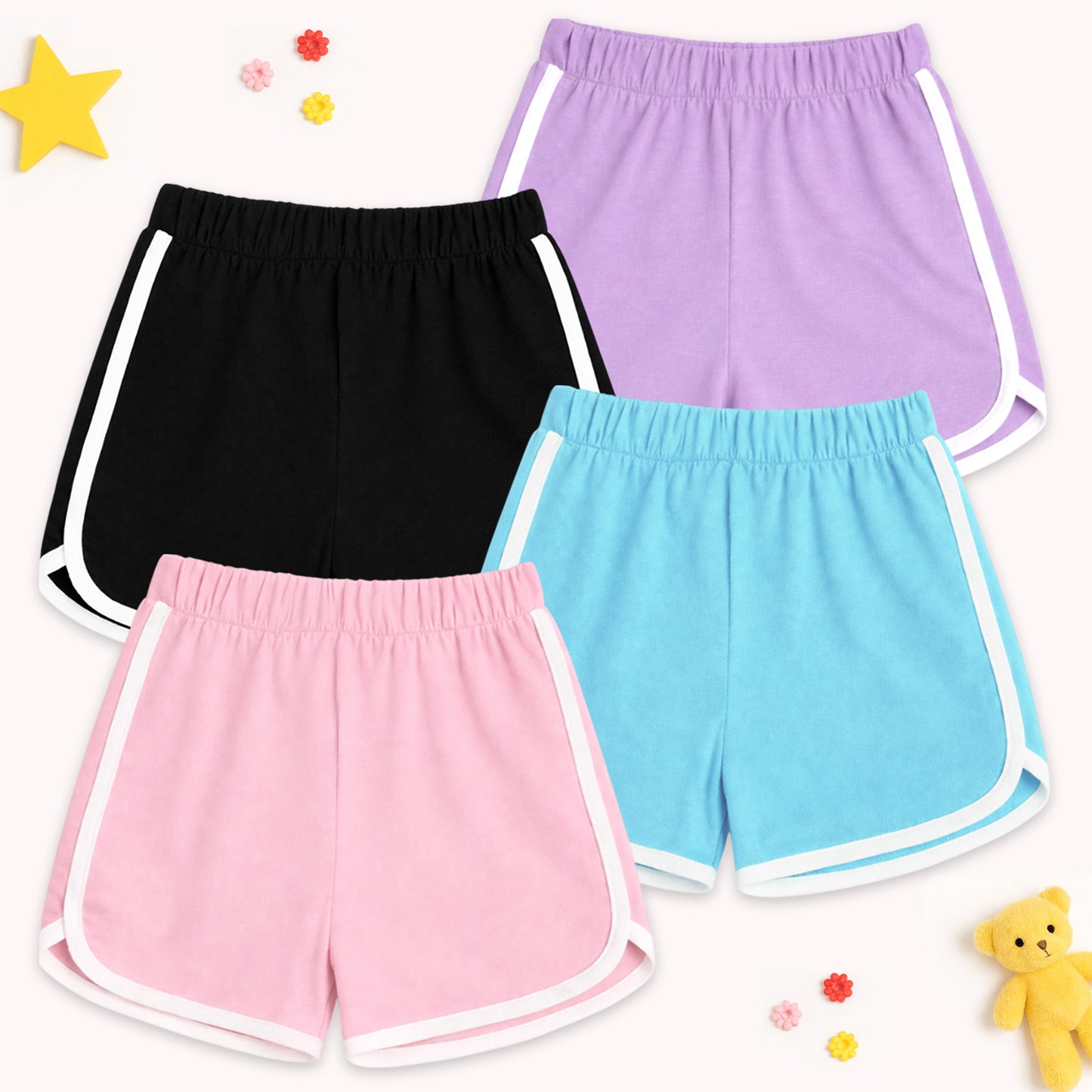 Kuchipoo Girls Cotton Solid Shorts | Soft & Breathable Fabric | Elastic Waist | Casual Summer Wear | Pack of 4