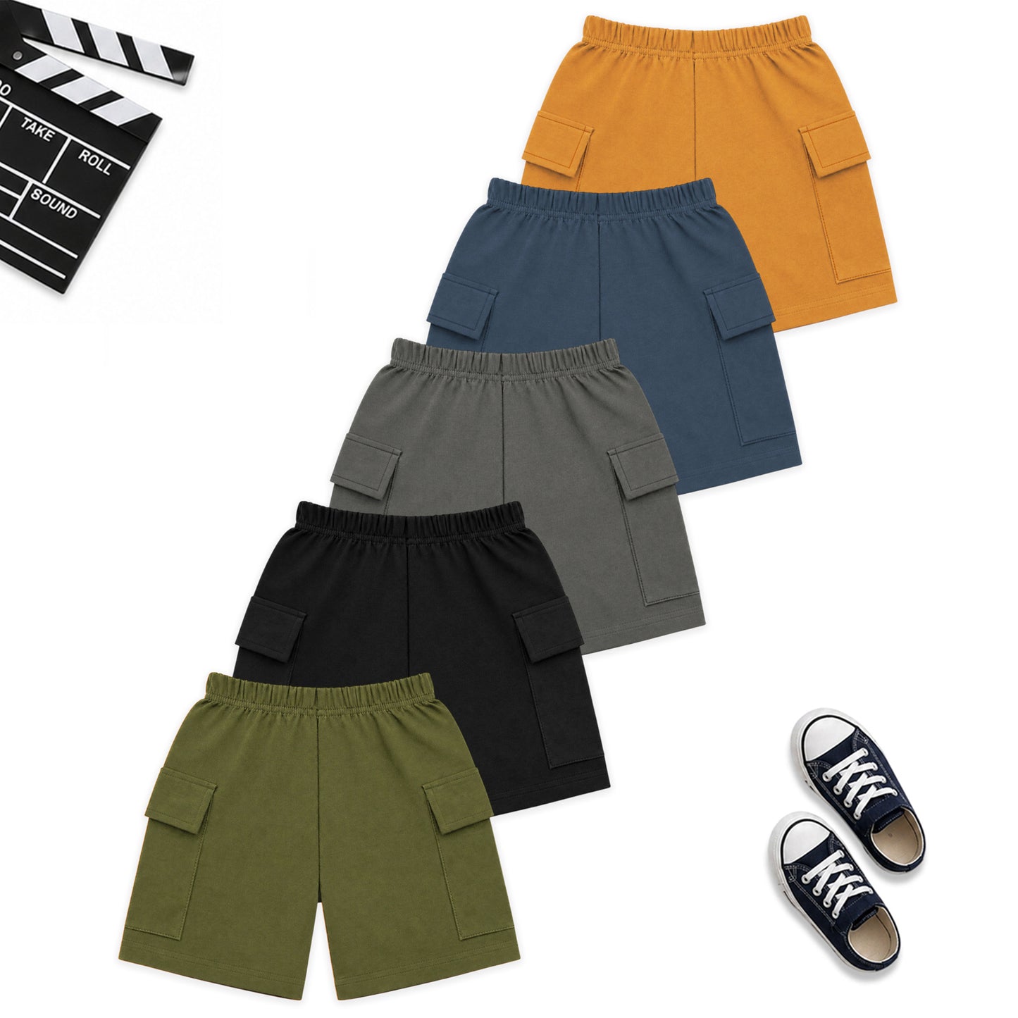 Kuchipoo Boys Cotton Cargo Shorts | Elastic Waistband | Double Pocket Shorts | Summer Casual Wear for Kids- Pack of 5