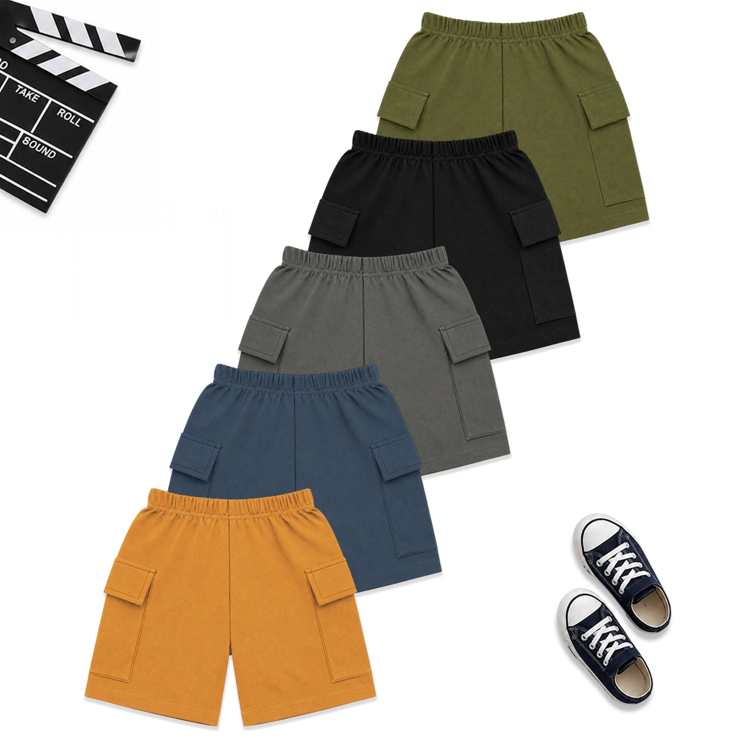 Kuchipoo Boys Cotton Cargo Shorts | Elastic Waistband | Double Pocket Shorts | Summer Casual Wear for Kids- Pack of 5