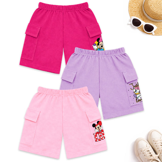 Kuchipoo © Disney Girls Cotton Cargo Shorts | Elastic Waistband | Double Pocket Shorts | Summer Casual Wear for Girls | Pack of 3
