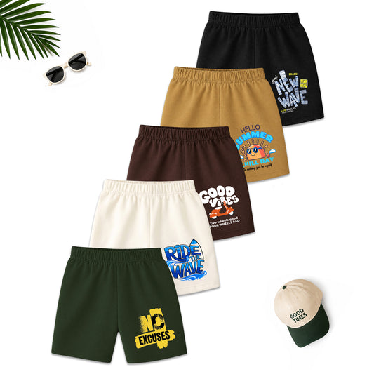 Kuchipoo Boys Cotton Printed Shorts | Elastic Waist | Summer Wear Shorts for Kids - Pack of 5
