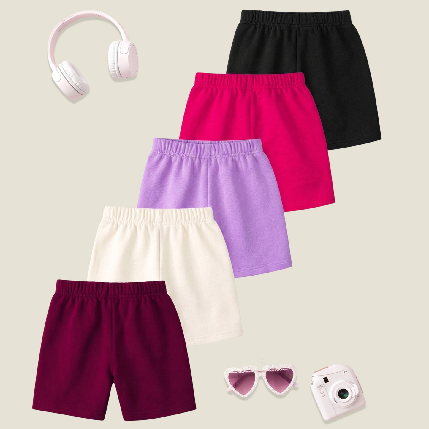 Kuchipoo Girls Cotton Printed Shorts | Elastic Waist | Summer Wear Shorts for Kids | Pack of 5