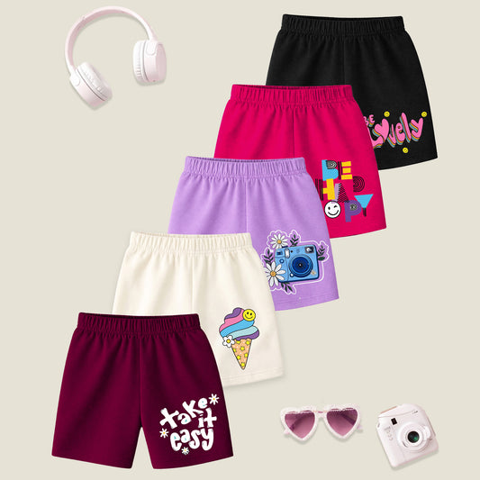 Kuchipoo Girls Cotton Printed Shorts | Elastic Waist | Summer Wear Shorts for Kids | Pack of 5