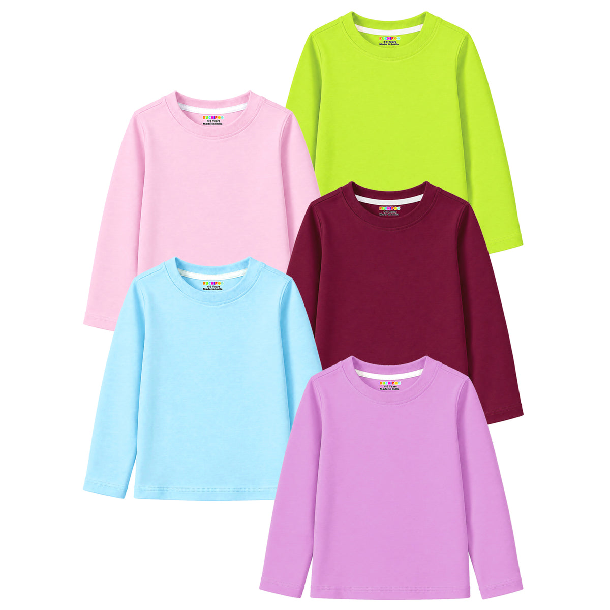 Kuchipoo Girls Cotton Solid T-Shirts | Full Sleeve Round Neck | Soft & Comfortable Casual Wear for Kids | Pack of 5