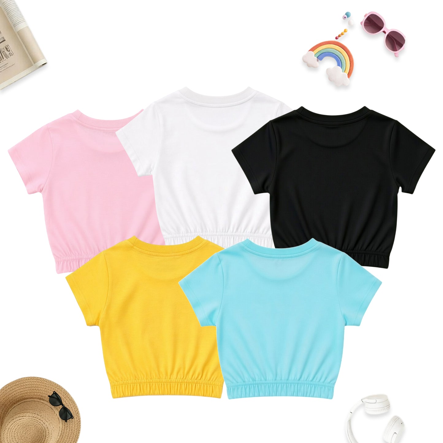 Kuchipoo Girls Cotton Crop Top | Half Sleeve Graphic Printed Summer T-Shirt with Elastic Waist | Soft & Breathable Casual Wear for Kids | Pack of 5