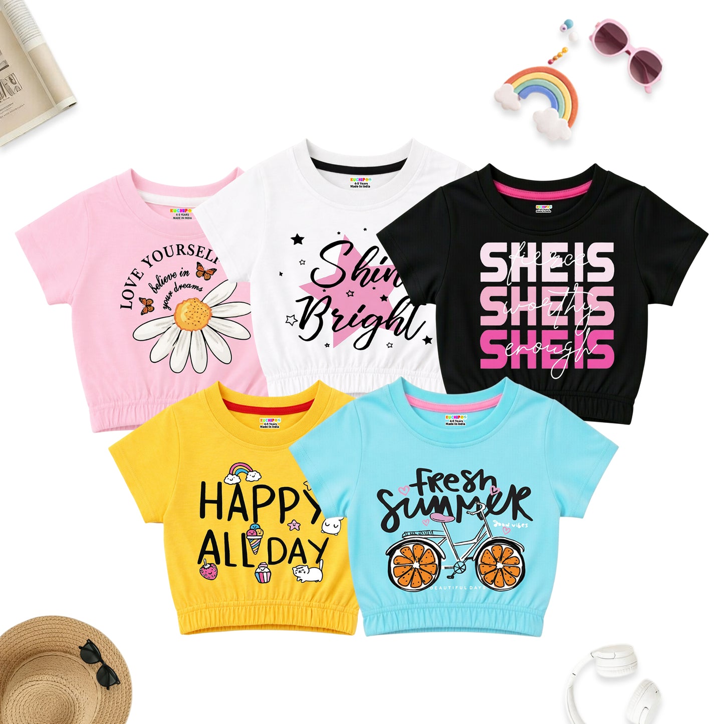 Kuchipoo Girls Cotton Crop Top | Half Sleeve Graphic Printed Summer T-Shirt with Elastic Waist | Soft & Breathable Casual Wear for Kids | Pack of 5