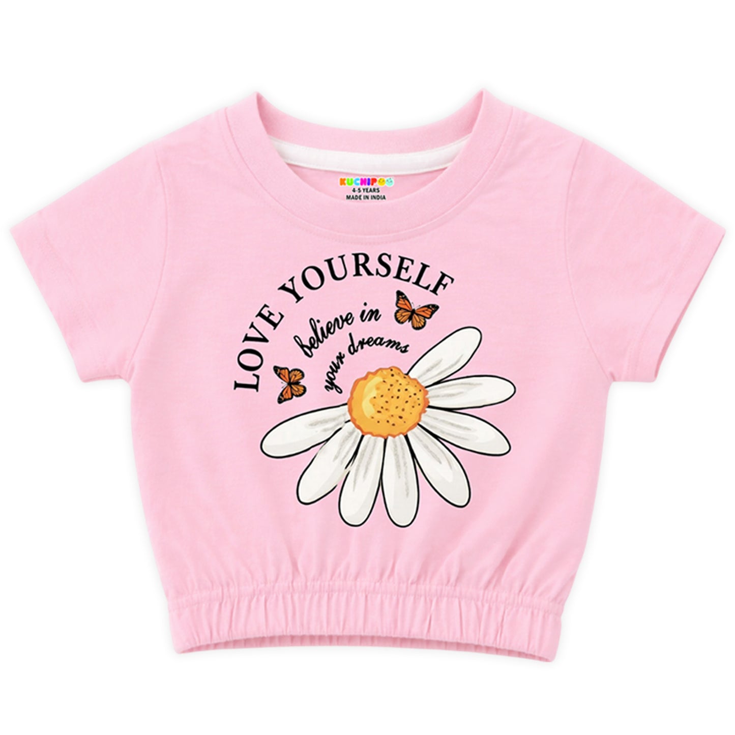 Kuchipoo Girls Cotton Crop Top | Half Sleeve Graphic Printed Summer T-Shirt with Elastic Waist | Soft & Breathable Casual Wear for Kids | Pack of 5