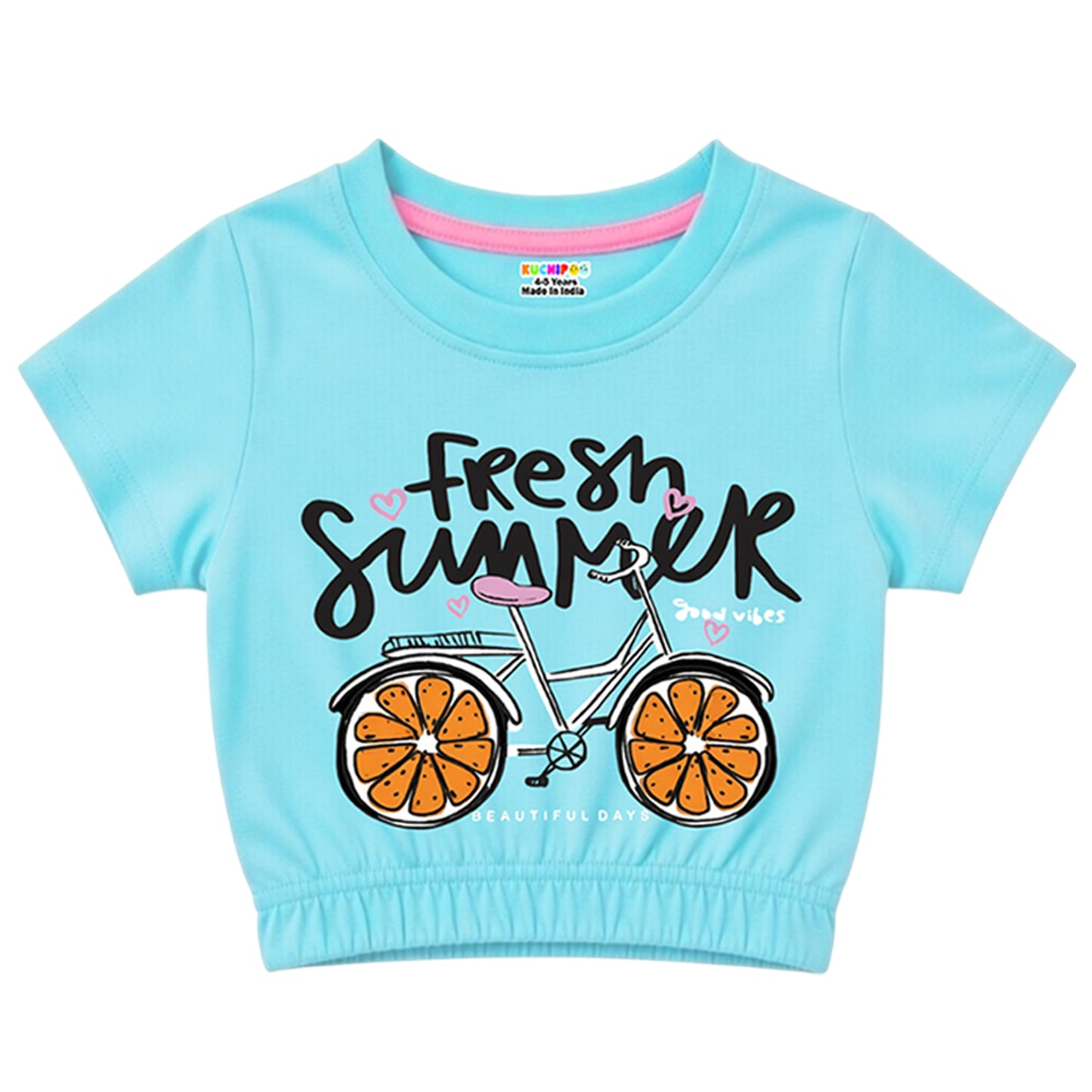 Kuchipoo Girls Cotton Crop Top | Half Sleeve Graphic Printed Summer T-Shirt with Elastic Waist | Soft & Breathable Casual Wear for Kids | Pack of 5