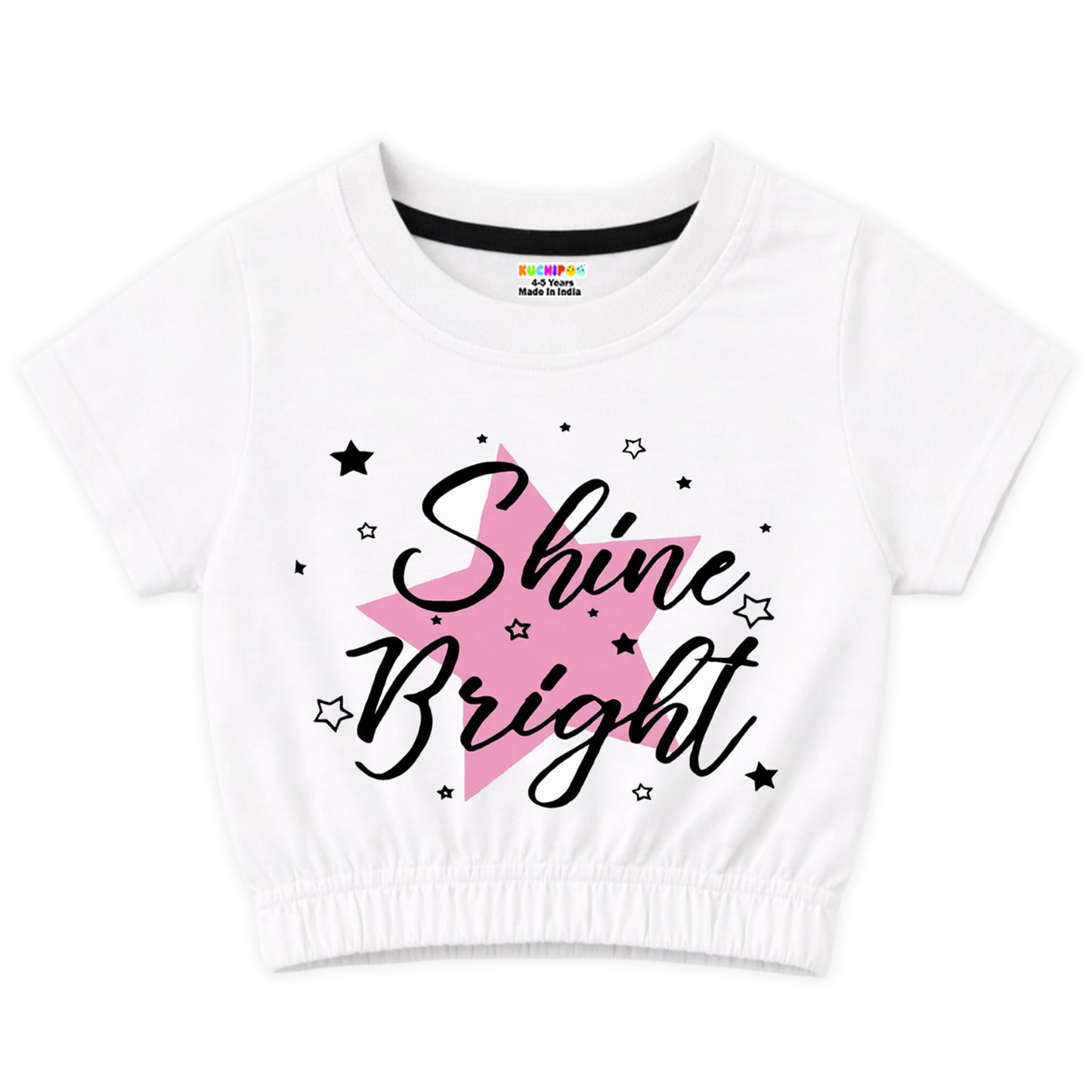 Kuchipoo Girls Cotton Crop Top | Half Sleeve Graphic Printed Summer T-Shirt with Elastic Waist | Soft & Breathable Casual Wear for Kids | Pack of 5
