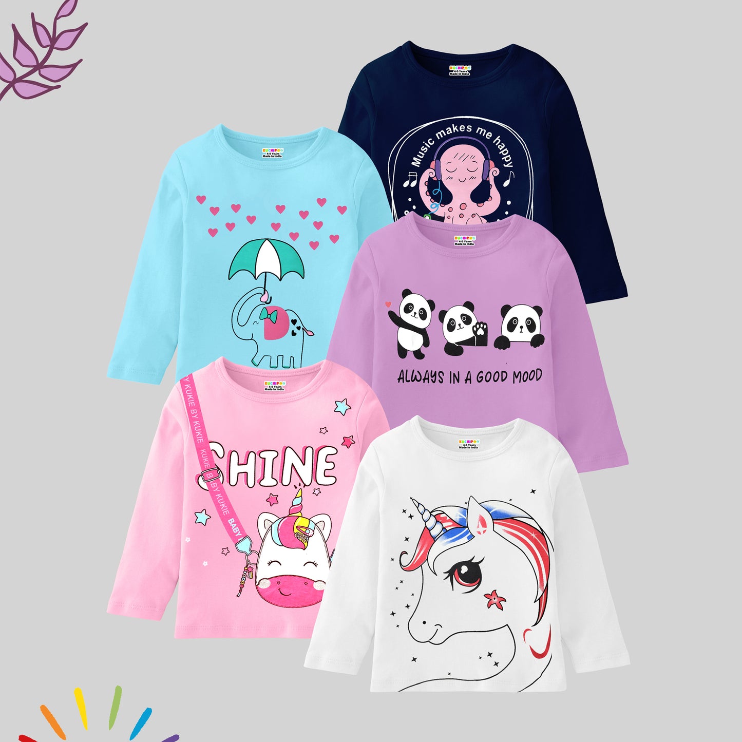 KUCHIPOO Girls Full Sleeves T-Shirts
