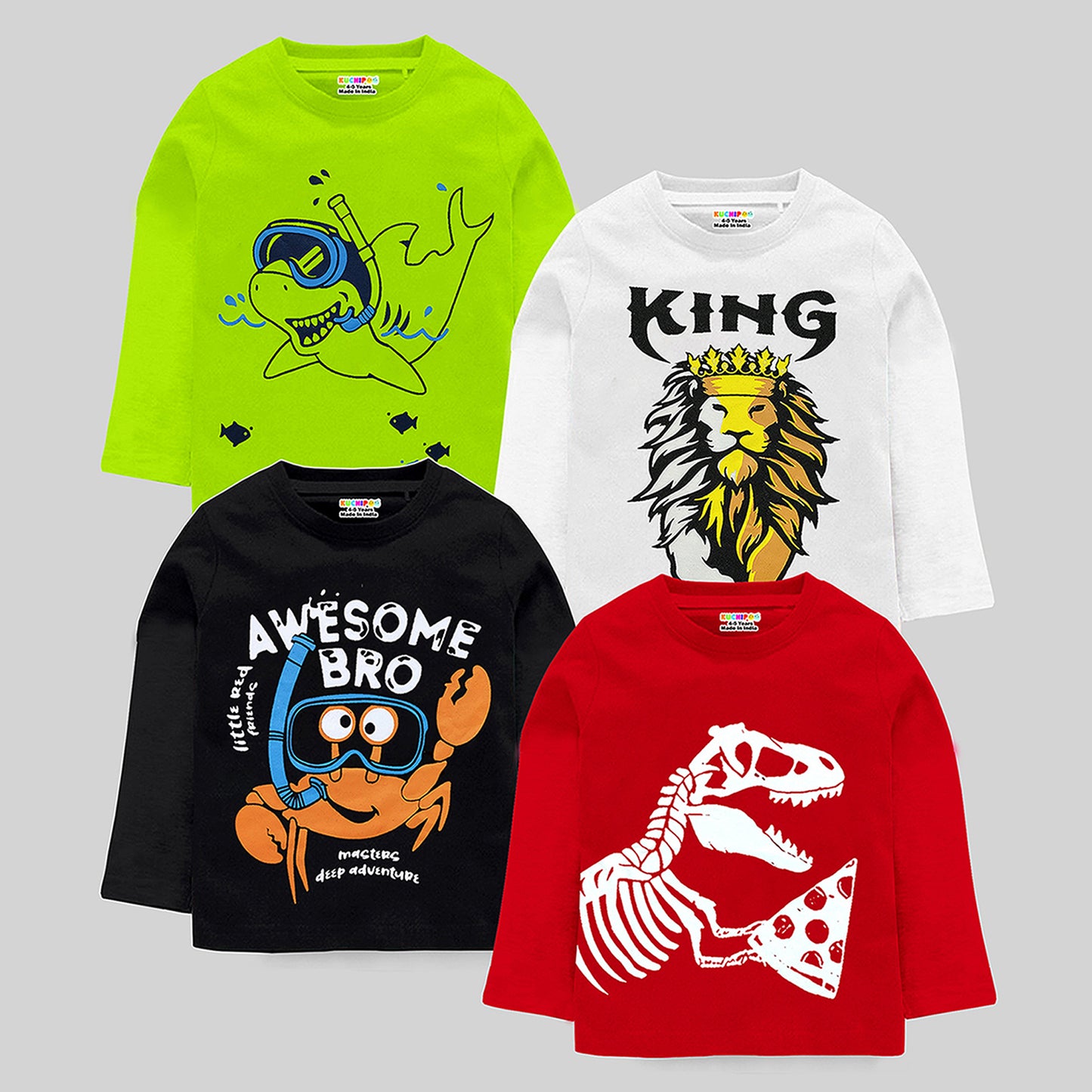 KUCHIPOO Boys Printed Cotton Blend Regular Full Sleeves T Shirt